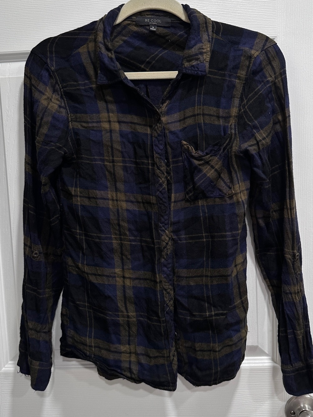 BE COOL Navy and Olive Plaid Button-Down Shirt
